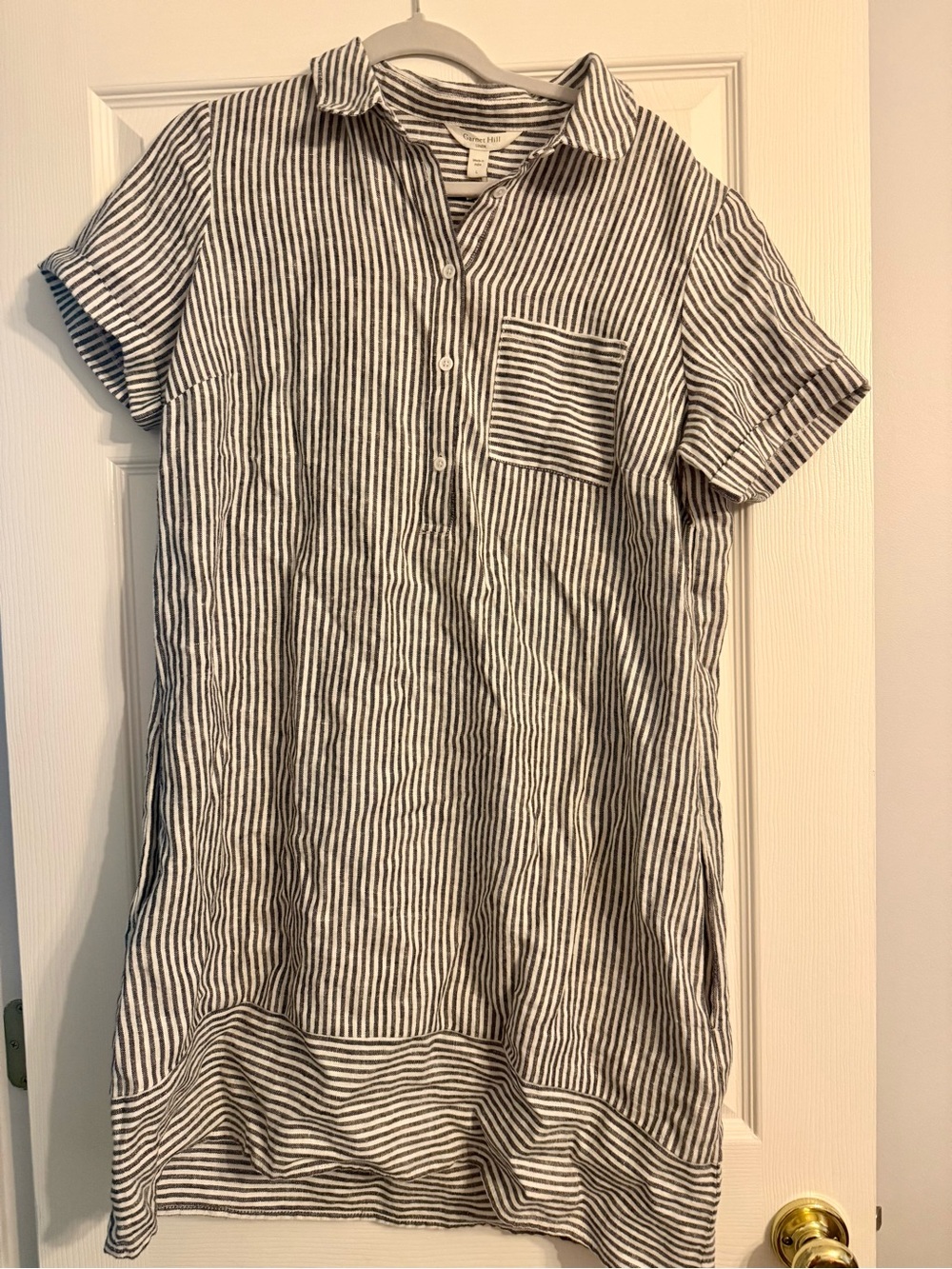 Garnet Hill Navy and White Striped Short-Sleeve Button Front Shirt
